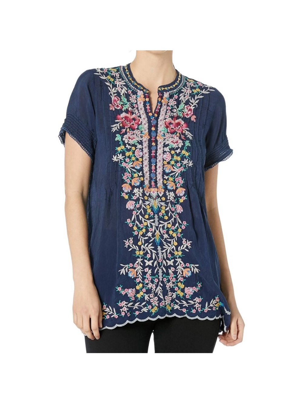 Johnny Was Embroidered Navy Floral Tunic Top